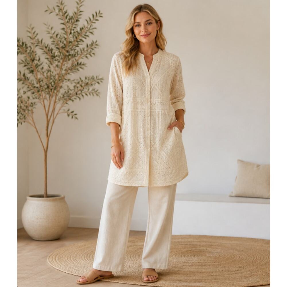 Beige Boho Chic style shirt dress featuring Eyelet elements